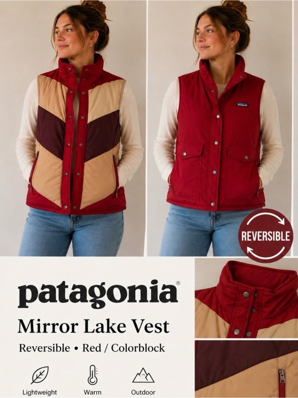 Patagonia Mirror Lake
Reversible Vest Red Colorblock Size XS